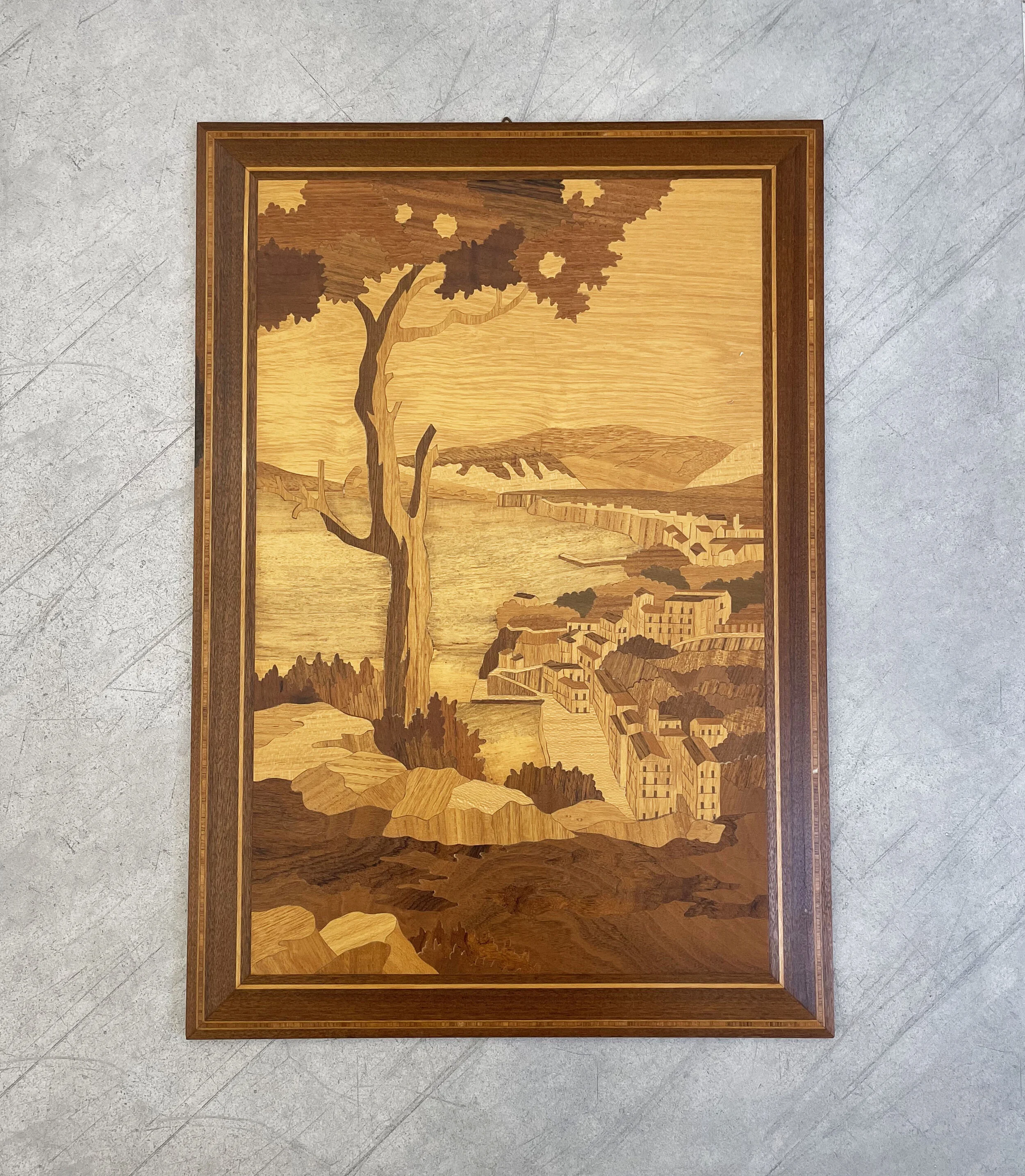 アンティーク　風景画　イタリア　NOTTURNO SORRENTO 木製象嵌 RIVESTO Vintage Intarsia Wood Art by Notturno craftsman Sorrento Italy